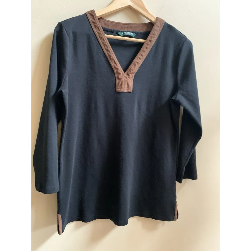 Lauren Ralph‎ Lauren Women's V Neck Blouse Sz Large  Black Faux Suede Details.